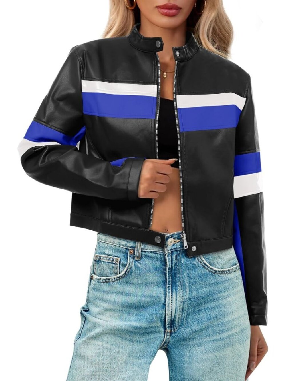 Women's Black Blue Cropped Faux Leather Bomber Vintage Moto Biker Racing Jackets